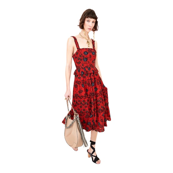 NWT Ulla Johnson Adyna Poppy Floral Pleated Square Neck Tiered Ruffle Midi Dress